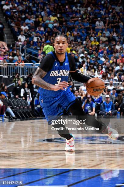 Chuma Okeke of the Orlando Magic dribbles the ball during the game against the Golden State Warriors on November 2, 2022 at Amway Center in Orlando,...