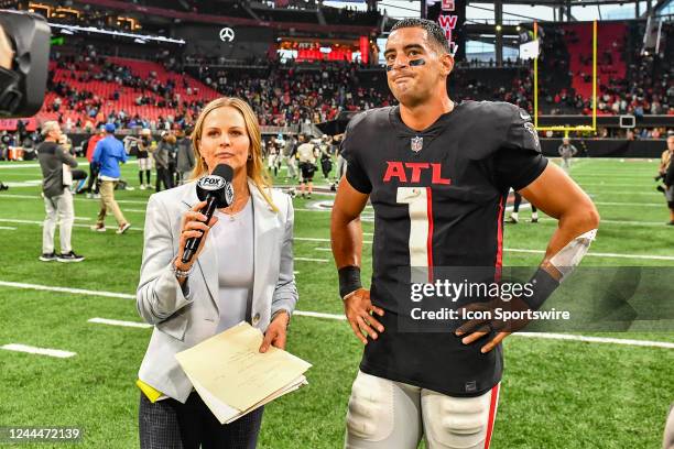 Atlanta quarterback Marcus Mariota is interviewed by Fox Sports reporter Shannon Spake following the conclusion of the NFL game between the Carolina...