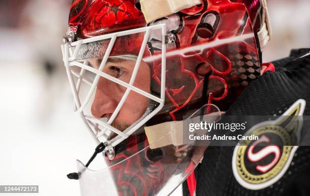 Cam Talbot of the Ottawa Senators looks on during a game against the Vegas Golden Knights at Canadian Tire Centre on November 3, 2022 in Ottawa,...