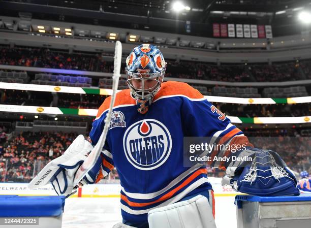 Jack Campbell of the Edmonton Oilers comes off the ice after warm ups before the game against the New Jersey Devils on November 03, 2022 at Rogers...