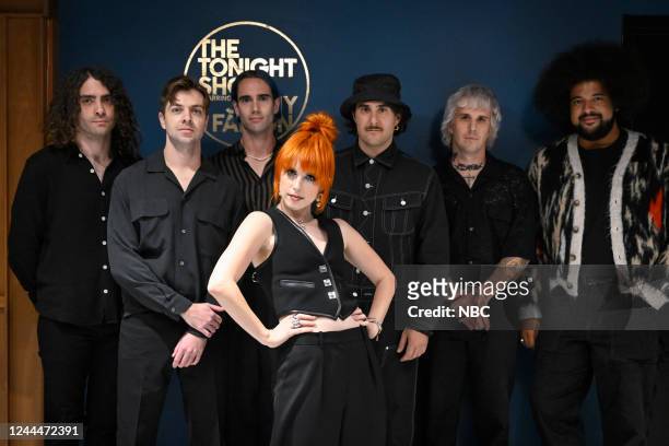 Episode 1739 -- Pictured: Musical guest Paramore poses backstage on Thursday, November 3, 2022 --