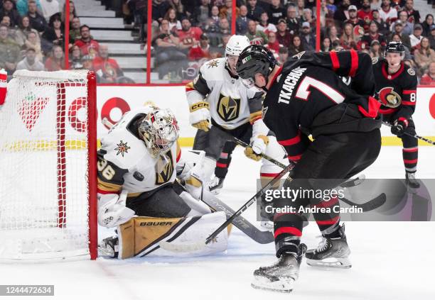 Brady Tkachuk of the Ottawa Senators takes a shot against Logan Thompson of the Vegas Golden Knights at Canadian Tire Centre on November 3, 2022 in...