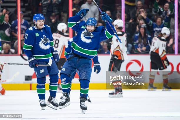 Andrei Kuzmenko of the Vancouver Canucks celebrates after scoring a goal against the Anaheim Ducks during the third period of their NHL game at...