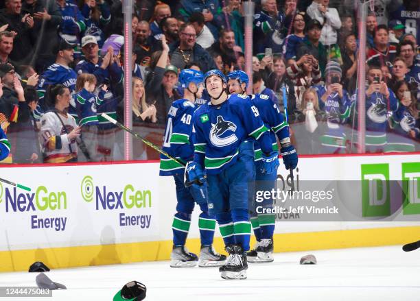 Andrei Kuzmenko of the Vancouver Canucks celebrates his goal during the third period of their NHL game against the Anaheim Ducks at Rogers Arena...