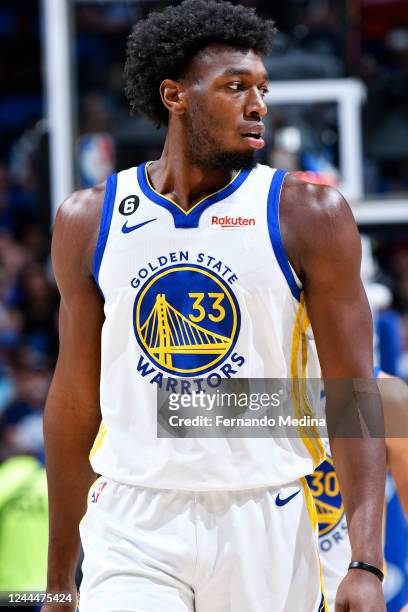 James Wiseman of the Golden State Warriors stands on the court during the game against the Orlando Magic on November 2, 2022 at Amway Center in...