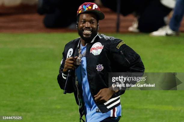 Rapper Meek Mill pumps up the crowd prior to Game 5 of the 2022 World Series between the Houston Astros and the Philadelphia Phillies at Citizens...