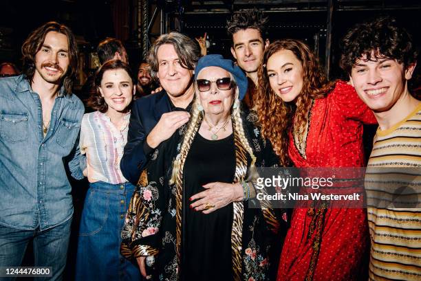 Chris Wood, Anika Larsen, Cameron Crowe, Joni Mitchell, Drew Gehling, Solea Pfeiffer and Casey Likes at the Broadway premiere of "Almost Famous" held...