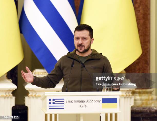 President of Ukraine Volodymyr Zelenskyy speaks during a joint meeting with President of Greece Katerina Sakellaropoulou with media representatives,...