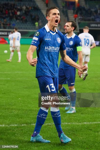 De Sart Julien midfielder of KAA Gent celebrates the win during the UEFA Europa Conference League Group F match between KAA Gent and Molde FK on...