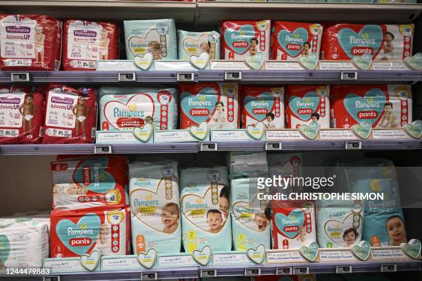 This photograph taken on November 3, 2022 shows Pampers baby diapers on a supermarket shelf in Septemes-les-Vallons near Marseille.
