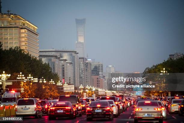 November 2022, China, Peking: Cars jam Tiananmen Square during the Chancellor's visit. Scholz is traveling to China for his first visit as...