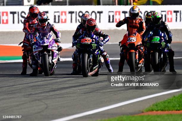 Yamaha French rider Fabio Quartararo practices the start during the first free practice session of the MotoGP Valencia Grand Prix at the Ricardo...