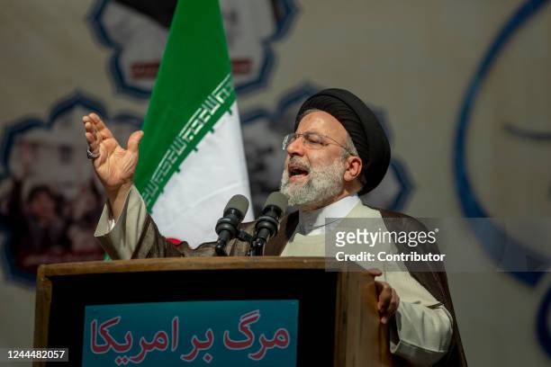 Iran's President Ebrahim Raisi speaks during a rally outside the former US embassy in the capital Tehran on November 4, 2022 in Tehran, Iran. On...
