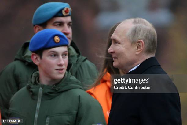 Russian President Vladimir Putin looks at military cadets during the ceremony at Red Square on November 4 in Moscow, Russia. President Putin laid...