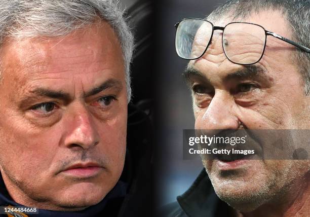 In this composite image a comparison has been made between Josè Mourinho head coach of AS Roma and SS Lazio head coach Maurizio Sarri. AS Roma and SS...