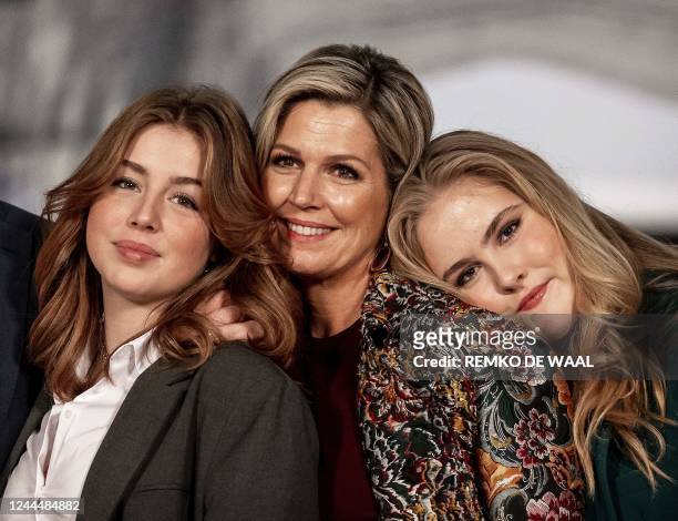 Dutch Queen Maxima pose with Princesses Alexia and Amalia during the photo session of the royal family at the Nieuwe Kerk in Amsterdam, on November...