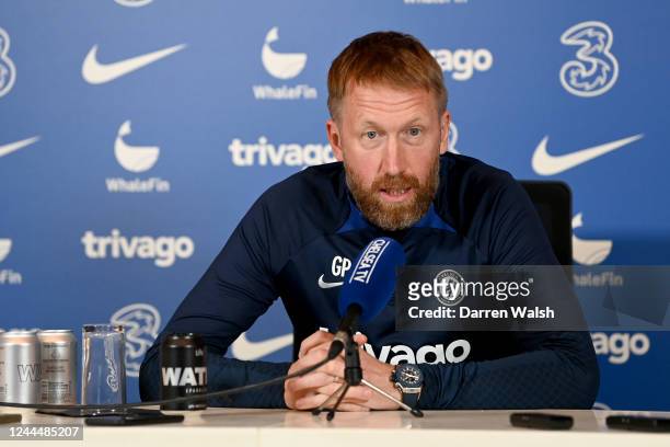 Graham Potter, manager of Chelsea FC during a press conference at Chelsea Training Ground on November 4 in Cobham, England.