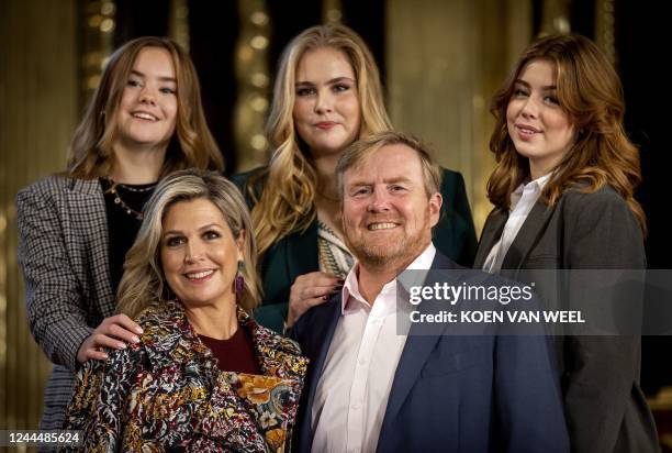 Dutch King Willem-Alexander and Queen Maxima pose with Princesses Ariane , Alexia and Amalia during the photo session of the royal family at the...