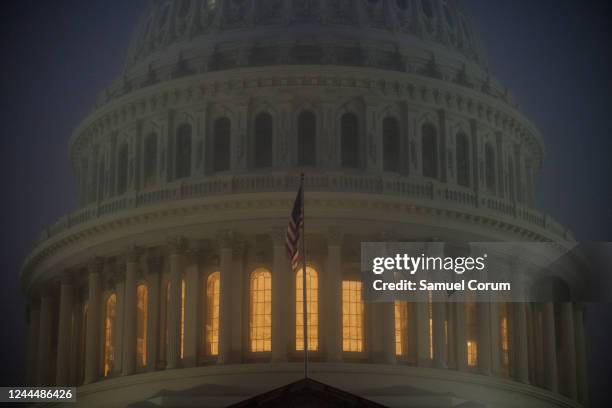 Fog envelopes the U.S. Capitol building in the early morning hours on November 4, 2022 in Washington, DC. Republicans are poised to regain control of...