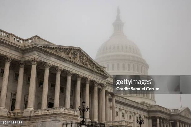 Early morning fog envelopes the U.S. Capitol dome behind the U.S. House of Representatives on November 4, 2022 in Washington, DC. Republicans are...