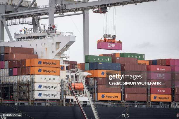 This picture taken on November 3, 2022 shows the container ship "Torrente" unloaded in the Rotterdam's harbour, Netherlands.
