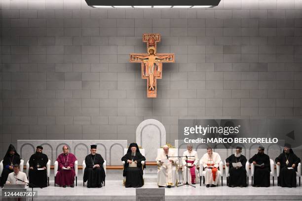 Pope Francis holds an ecumenical meeting and prayer for peace at Our Lady of Arabia Cathedral in Awali, south of the Bahraini capital Manama, on...