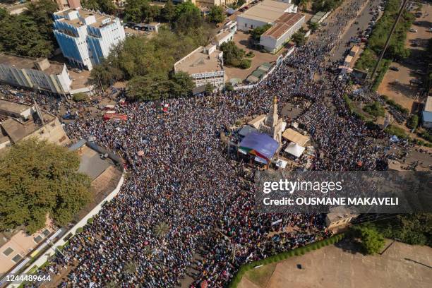 Thousands of muslims gather for an anti-blasphemy protest in Bamako on November 04 amid High Islamic Council of Mali calls protest after viral video...