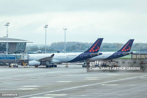 Illustration picture shows two Brussels Airlines airplanes at terminal A of Brussels Airport, in Zaventem on November 4, 2022. - Belgium OUT /...