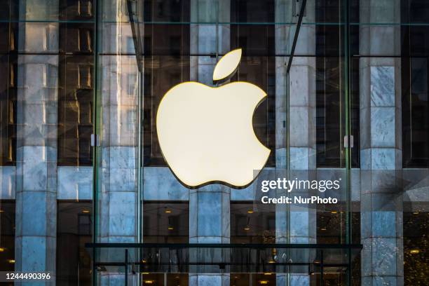 Apple logo is seen on Apple Store in Manhattan, New York, United States, on October 22, 2022.
