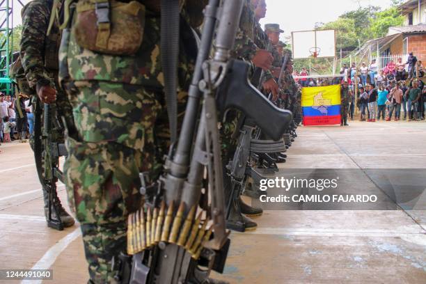 Dissidents attend the funeral of Yohani Noscue, alias Mayimbu, in Cauca, Colombia on November 3, 2022. - Funeral services for alias Mayimbu, a FARC...