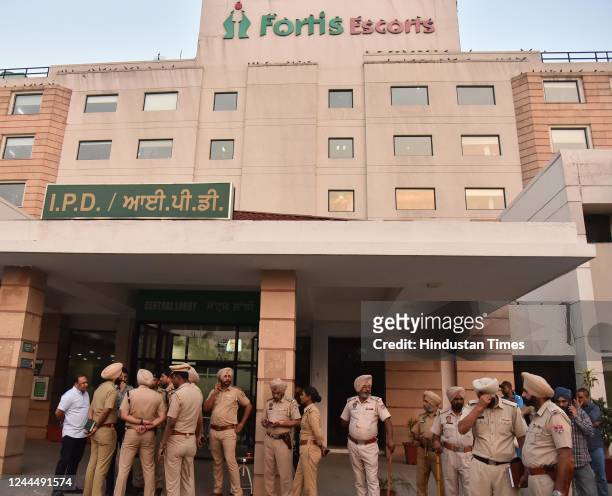 Punjab police personnel deployed outside the Fortis Escorts hospital after Shiv Sena Taksali leader Sudhir Suri was shot dead in Gopal Nagar on...