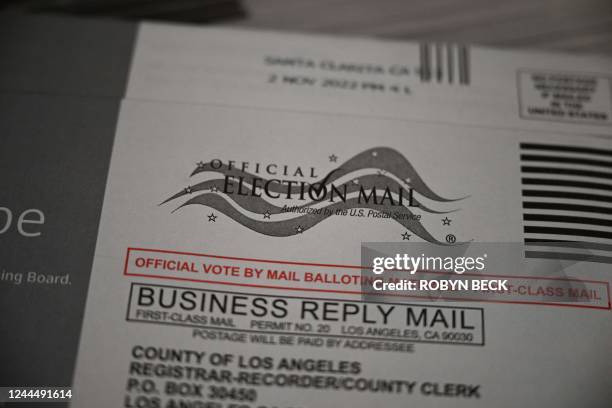 Mail in ballots are seen at the Los Angeles County Registrar vote by mail operation center in City of Industry, California, on November 4 for the...