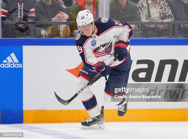 Patrik Laine of the Columbus Blue Jackets skates up the ice against the Colorado Avalanche in the first period during the 2022 NHL Global Series...