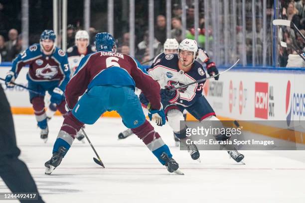 Cole Sillinger of Columbus in action during the 2022 NHL Global Series - Finland match between Columbus Blue Jackets and Colorado Avalanche at Nokia...