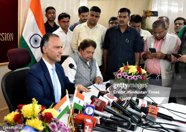 State Election Commission NCT of Delhi Vijay Dev Singh addressing press conference announce MCD polls, at Election Office Kashmeer Gate on November...