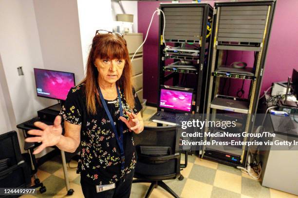 San Bernardino, CA Election lead system analyst Christian Anderson explains the server security in the ballot tally server room at the San Bernardino...