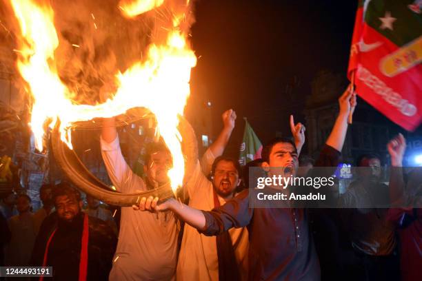 Supporters of Pakistan Tehreek-e-Insaf of Imran Khan chant anti government slogans during a protest to denounce an assassination attempt against...