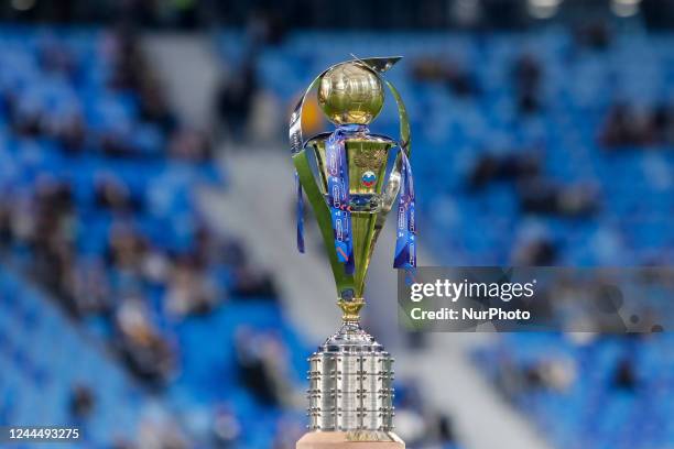 The trophy is seen ahead of the Women's Russian Cup final football match between WFC Zenit Saint Petersburg and WFC CSKA Moscow on November 4, 2022...