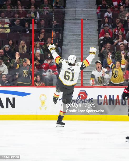 Vegas Golden Knights Right Wing Mark Stone celebrates his goal during first period National Hockey League action between the Vegas Golden Knights and...