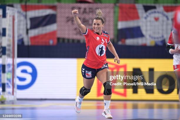 Nora Mork of Norway celebrate after scoring during EHF European Women's Handball Championship match between Norway and Croatia at Arena Stozice on...