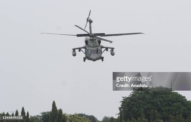 Black Hawk helicopter of the Royal Brunei Air Force performs a demonstration flight during the Indo Defence 2022 Expo & Forum defense industry...