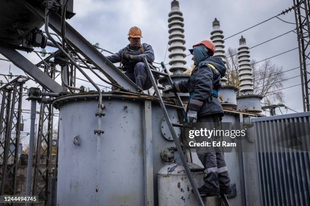 Workers repair infrastructure in a power station that was damaged by a Russian air attack in October, on November 04, 2022 in Kyiv Oblast, Ukraine....