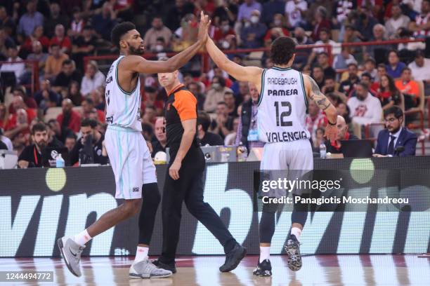 Valencia Basket's players react during the 2022/2023 Turkish Airlines EuroLeague Regular Season Round 6 match between Olympiacos Piraeus and Valencia...