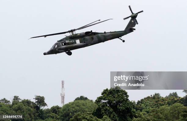 Black Hawk helicopter of the Royal Brunei Air Force performs a demonstration flight during the Indo Defence 2022 Expo &amp; Forum defense industry...