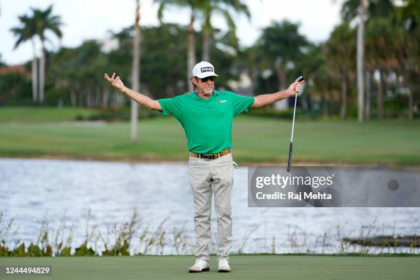 Miguel Angel Jimenez of Spain celebrates after making his putt on the eighteenth green during the first round of the TimberTech Championship at Royal...