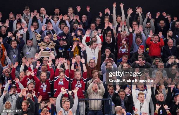 Fans do the wave in the third period during the 2022 NHL Global Series Finland game between the Columbus Blue Jackets and Colorado Avalanche at Nokia...