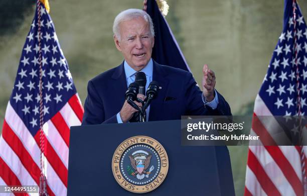 President Joe Biden speaks with dignitaries and employees at ViaSat on November 4, 2022 in Carlsbad, California. President Biden was on hand to...