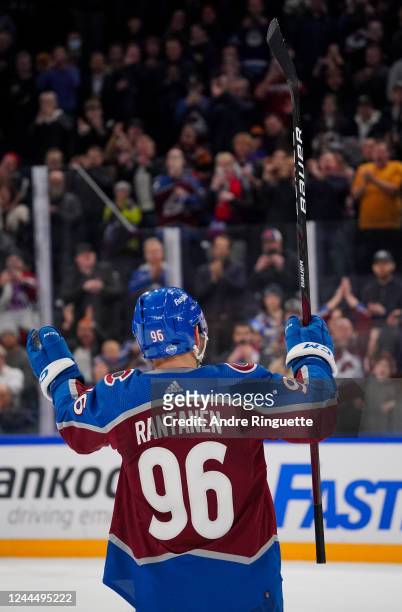 Mikko Rantanen of the Colorado Avalanche salutes the crowd following a 6-3 win against the Columbus Blue Jackets during the 2022 NHL Global Series...