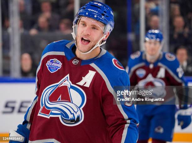 Mikko Rantanen of the Colorado Avalanche celebrates his hat-trick goal against the Columbus Blue Jackets in the third period during the 2022 NHL...