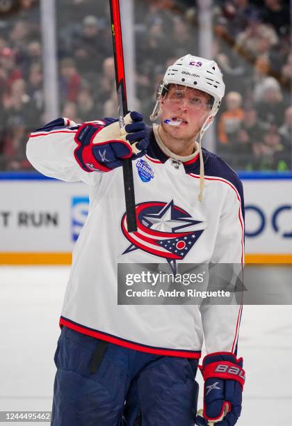 Patrik Laine of the Columbus Blue Jackets salutes the crowd following a 6-3 loss to the Colorado Avalanche during the 2022 NHL Global Series Finland...